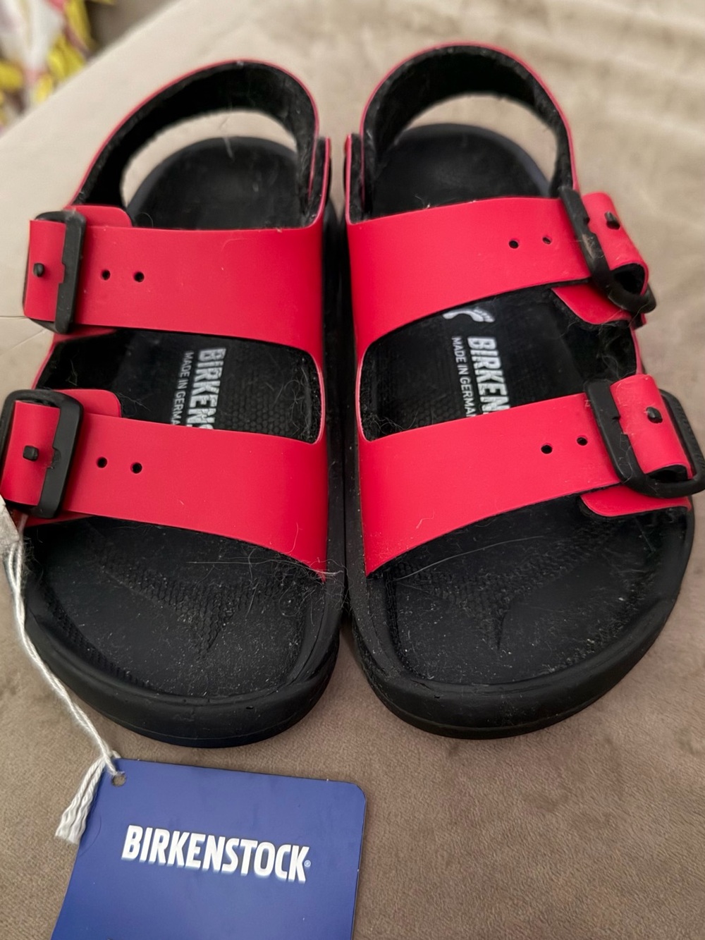 Birkenstock Kids Bright Red Two-Strap Sandals with Black Footbed